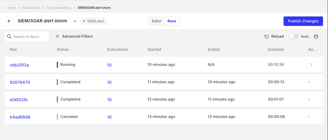 Runs: Runs tab of an automation